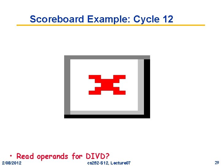 Scoreboard Example: Cycle 12 • Read operands for DIVD? 2/08/2012 cs 252 -S 12,