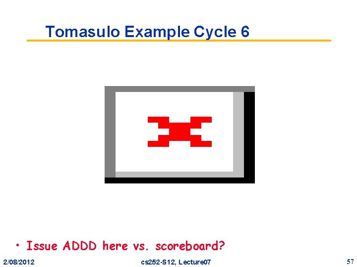 Tomasulo Example Cycle 6 • Issue ADDD here vs. scoreboard? 2/08/2012 cs 252 -S