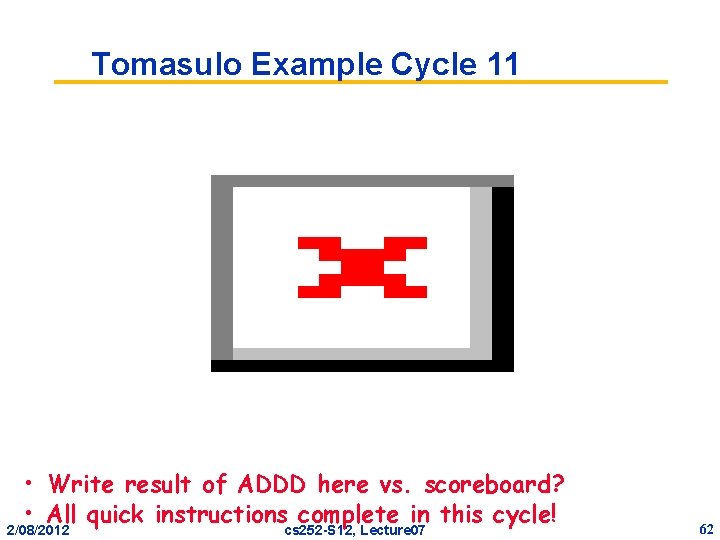 Tomasulo Example Cycle 11 • Write result of ADDD here vs. scoreboard? • All