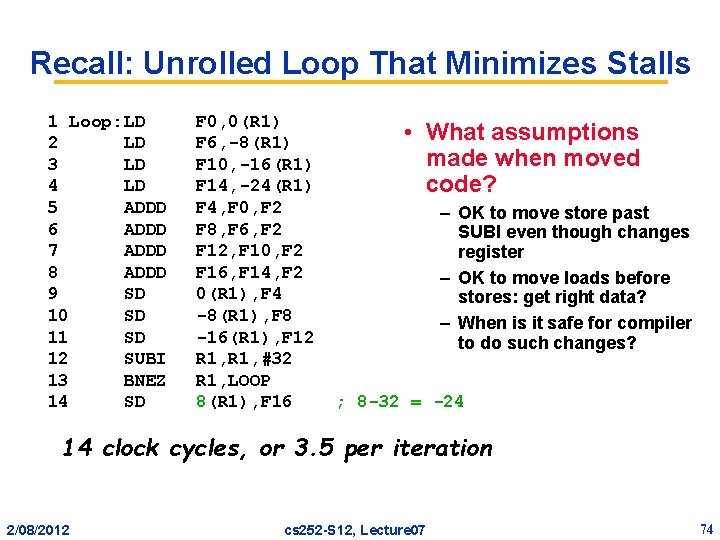 Recall: Unrolled Loop That Minimizes Stalls 1 Loop: LD 2 LD 3 LD 4