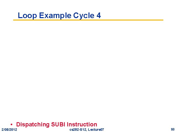 Loop Example Cycle 4 • Dispatching SUBI Instruction 2/08/2012 cs 252 -S 12, Lecture