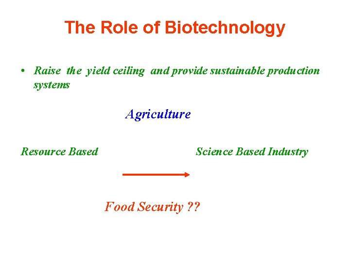 The Role of Biotechnology • Raise the yield ceiling and provide sustainable production systems