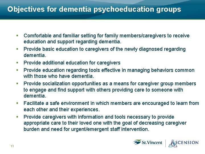 Objectives for dementia psychoeducation groups § § § § 11 Comfortable and familiar setting