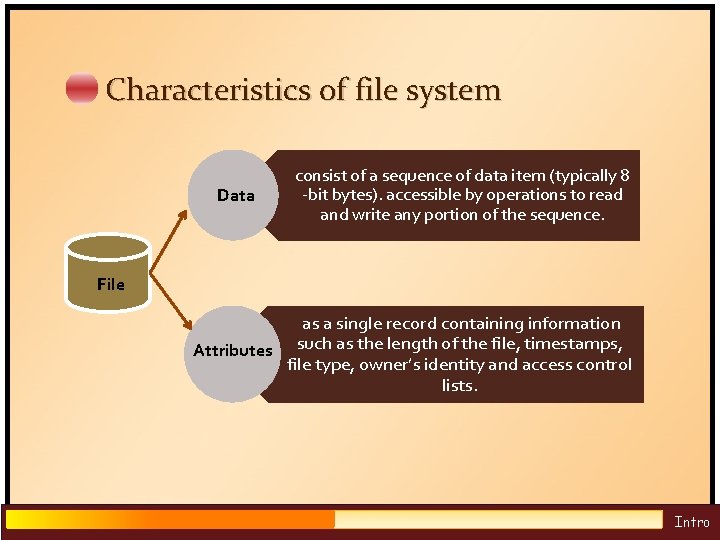 Characteristics of file system Data consist of a sequence of data item (typically 8