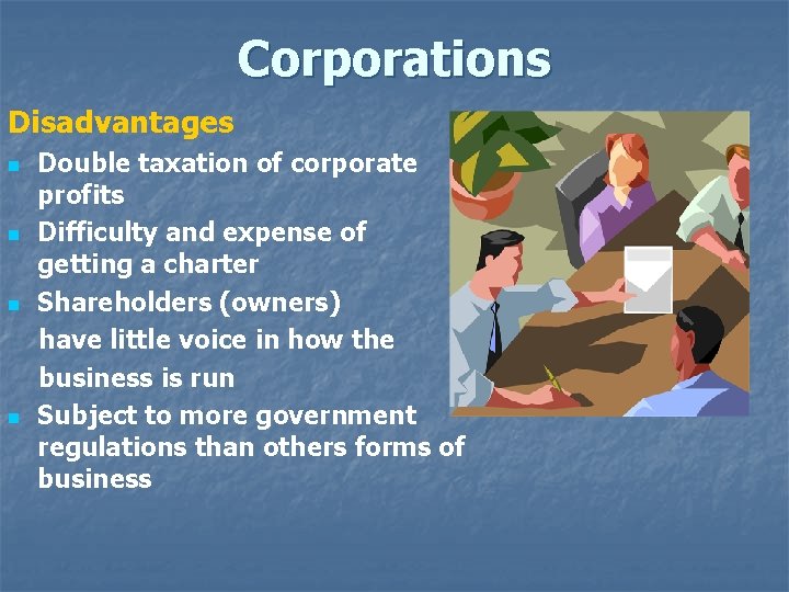 Corporations Disadvantages n n Double taxation of corporate profits Difficulty and expense of getting