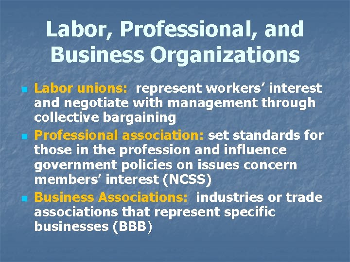 Labor, Professional, and Business Organizations n n n Labor unions: represent workers’ interest and