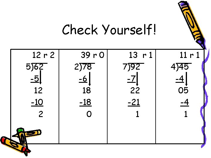 Check Yourself! 12 r 2 5)62 -5 12 -10 2 39 r 0 2)78
