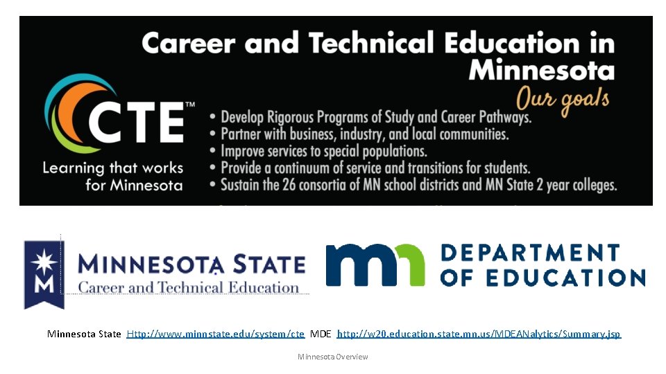 Minnesota State Http: //www. minnstate. edu/system/cte MDE http: //w 20. education. state. mn. us/MDEANalytics/Summary.