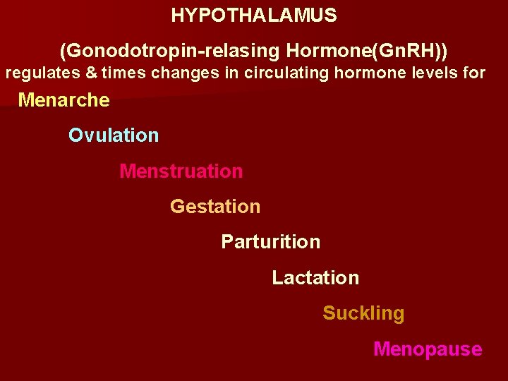 HYPOTHALAMUS (Gonodotropin-relasing Hormone(Gn. RH)) regulates & times changes in circulating hormone levels for Menarche