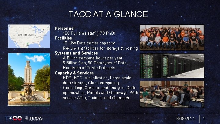 TACC AT A GLANCE Personnel 160 Full time staff (~70 Ph. D) Facilities 10