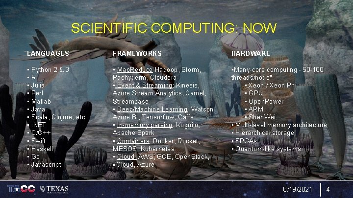 SCIENTIFIC COMPUTING: NOW LANGUAGES FRAMEWORKS HARDWARE • Python 2 & 3 • R •
