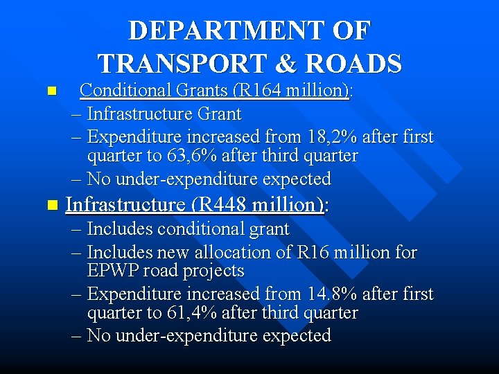 DEPARTMENT OF TRANSPORT & ROADS n n Conditional Grants (R 164 million): – Infrastructure