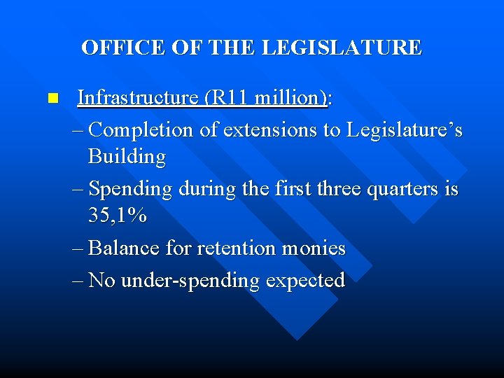 OFFICE OF THE LEGISLATURE n Infrastructure (R 11 million): – Completion of extensions to