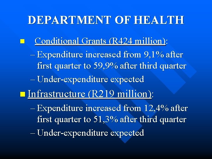 DEPARTMENT OF HEALTH n Conditional Grants (R 424 million): – Expenditure increased from 9,