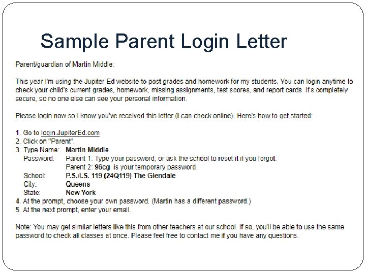 Sample Parent Login Letter 