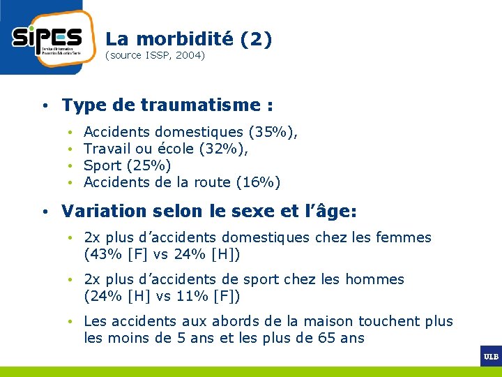 La morbidité (2) (source ISSP, 2004) • Type de traumatisme : • • Accidents