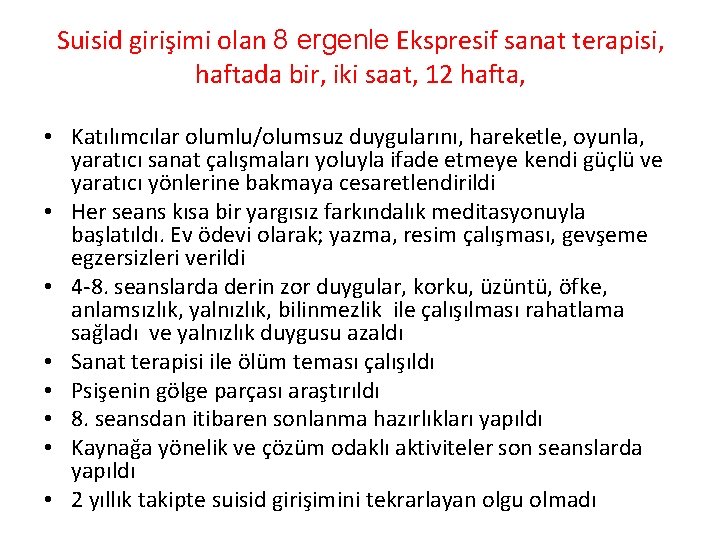 Suisid girişimi olan 8 ergenle Ekspresif sanat terapisi, haftada bir, iki saat, 12 hafta,