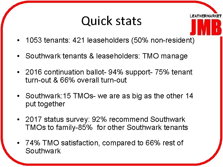 Quick stats • 1053 tenants: 421 leaseholders (50% non-resident) • Southwark tenants & leaseholders:
