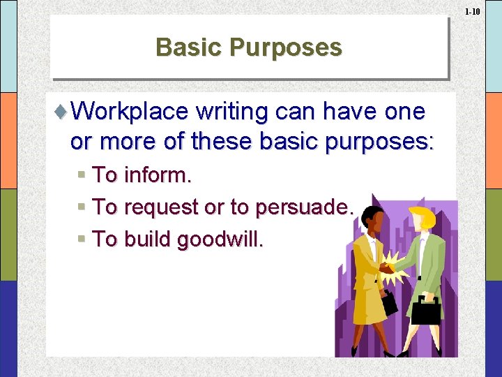 1 -10 Basic Purposes ¨Workplace writing can have one or more of these basic