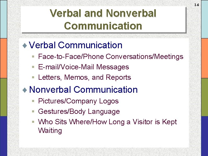 1 -6 Verbal and Nonverbal Communication ¨ Verbal Communication § Face-to-Face/Phone Conversations/Meetings § E-mail/Voice-Mail