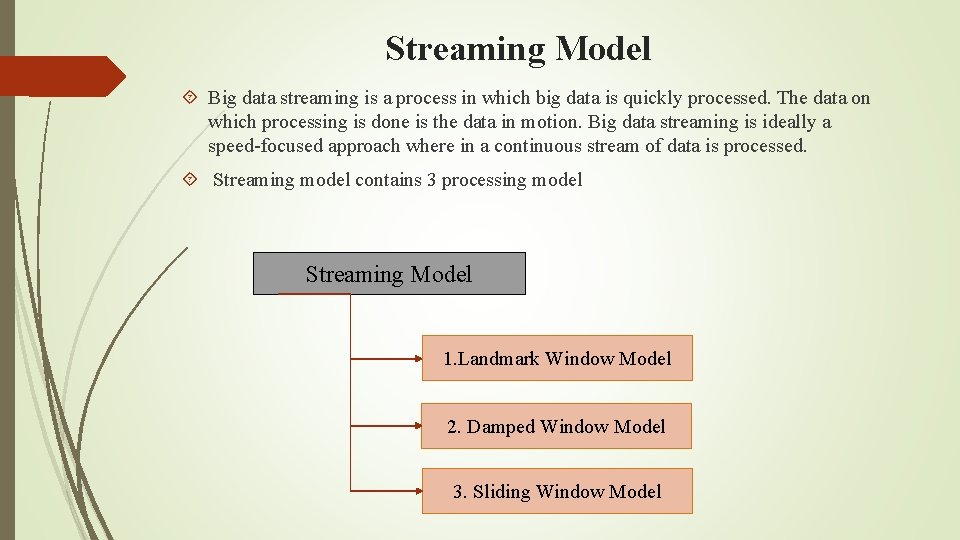 Streaming Model Big data streaming is a process in which big data is quickly