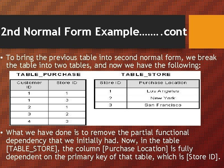 2 nd Normal Form Example……. . cont • To bring the previous table into