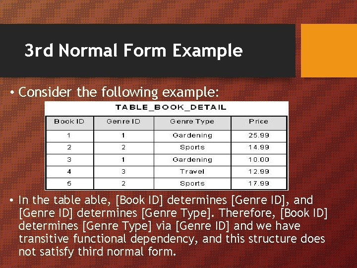 3 rd Normal Form Example • Consider the following example: • In the table,
