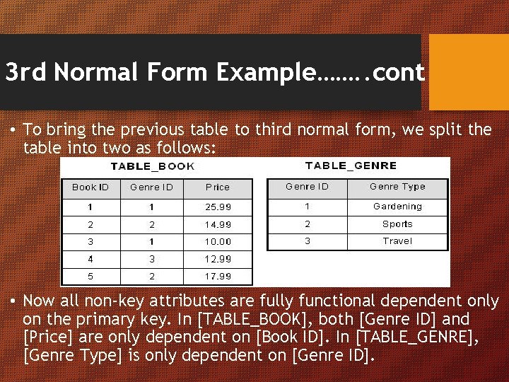 3 rd Normal Form Example……. . cont • To bring the previous table to