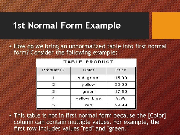 1 st Normal Form Example • How do we bring an unnormalized table into