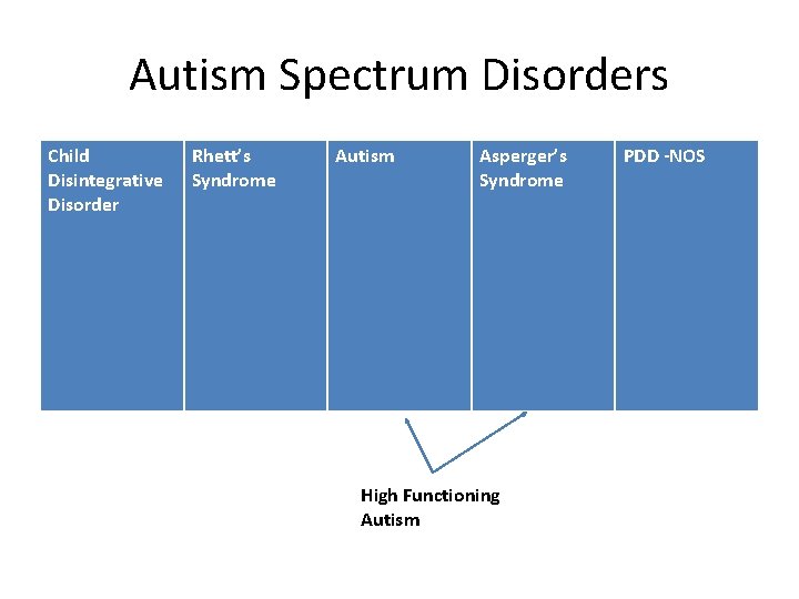 Autism Spectrum Disorders Child Disintegrative Disorder Rhett’s Syndrome Autism Asperger’s Syndrome High Functioning Autism