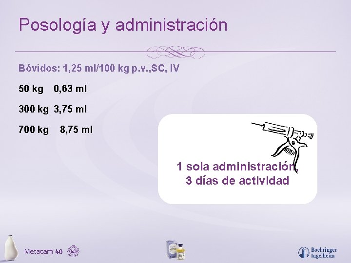Posología y administración Bóvidos: 1, 25 ml/100 kg p. v. , SC, IV 50