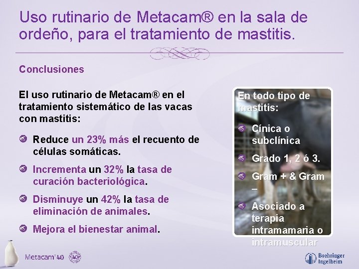 Uso rutinario de Metacam® en la sala de ordeño, para el tratamiento de mastitis.
