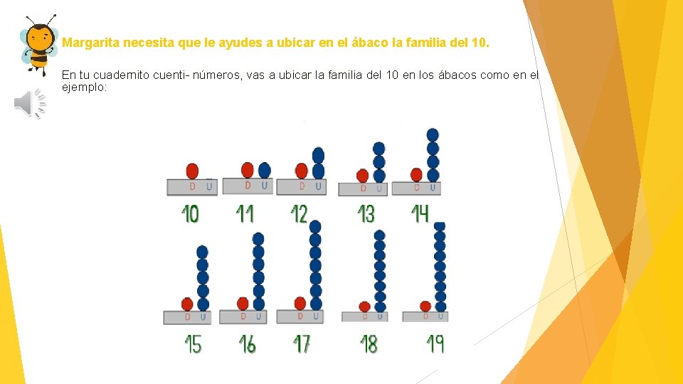 Margarita necesita que le ayudes a ubicar en el ábaco la familia del 10.