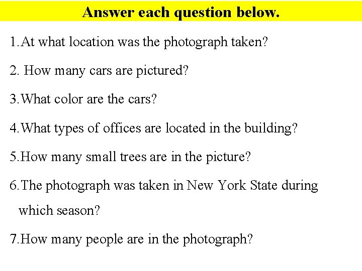 Answer each question below. 1. At what location was the photograph taken? 2. How