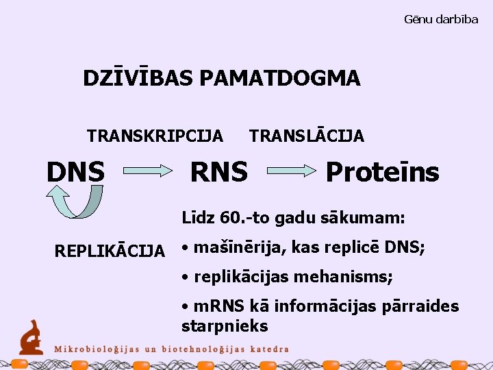 Gēnu darbība DZĪVĪBAS PAMATDOGMA TRANSKRIPCIJA DNS RNS TRANSLĀCIJA Proteīns Līdz 60. -to gadu sākumam: