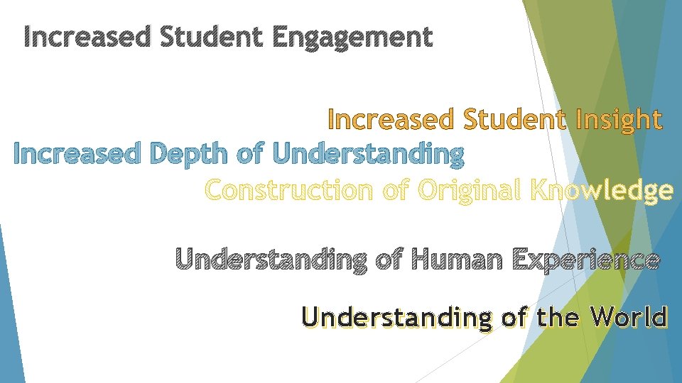 Increased Student Engagement Increased Depth of Understanding of Human Experience Understanding of the World