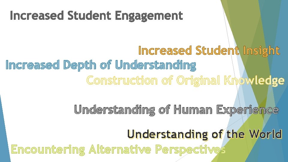 Increased Student Engagement Increased Depth of Understanding of Human Experience Understanding of the World