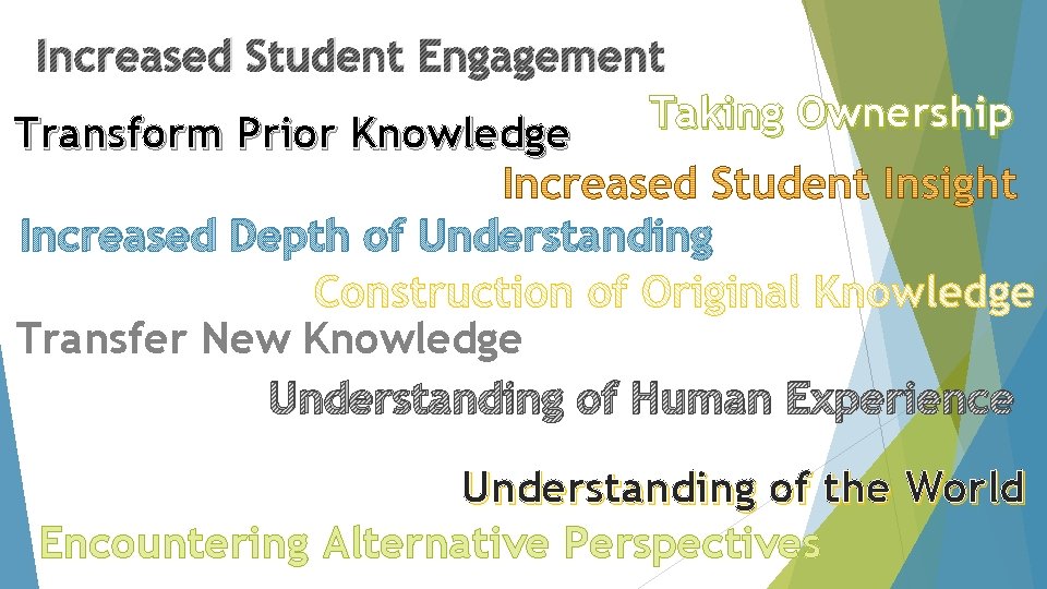 Increased Student Engagement Taking Ownership Transform Prior Knowledge Increased Depth of Understanding Transfer New