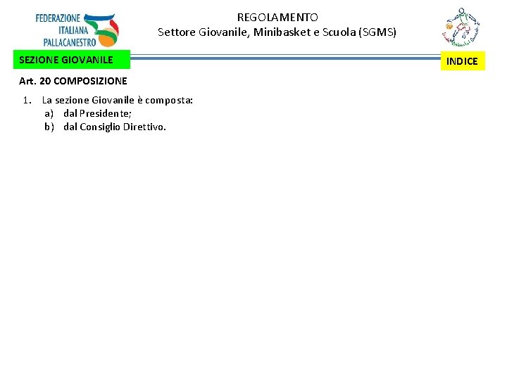 REGOLAMENTO Settore Giovanile, Minibasket e Scuola (SGMS) SEZIONE GIOVANILE Art. 20 COMPOSIZIONE 1. La