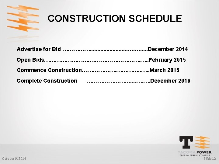 CONSTRUCTION SCHEDULE Advertise for Bid ……………. . . …. …. . . December 2014