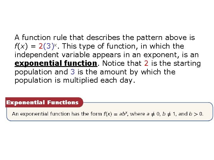 A function rule that describes the pattern above is f(x) = 2(3)x. This type