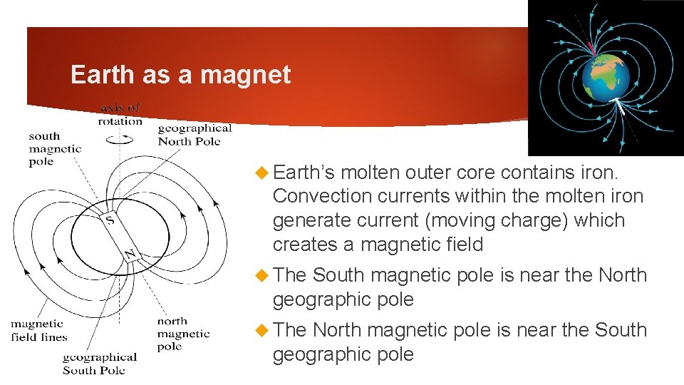 Earth as a magnet Earth’s molten outer core contains iron. Convection currents within the