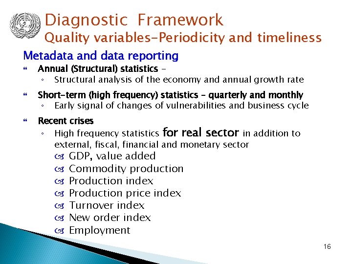 Diagnostic Framework Quality variables-Periodicity and timeliness Metadata and data reporting Annual (Structural) statistics –