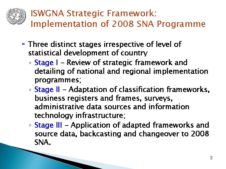 ISWGNA Strategic Framework: Implementation of 2008 SNA Programme Three distinct stages irrespective of level