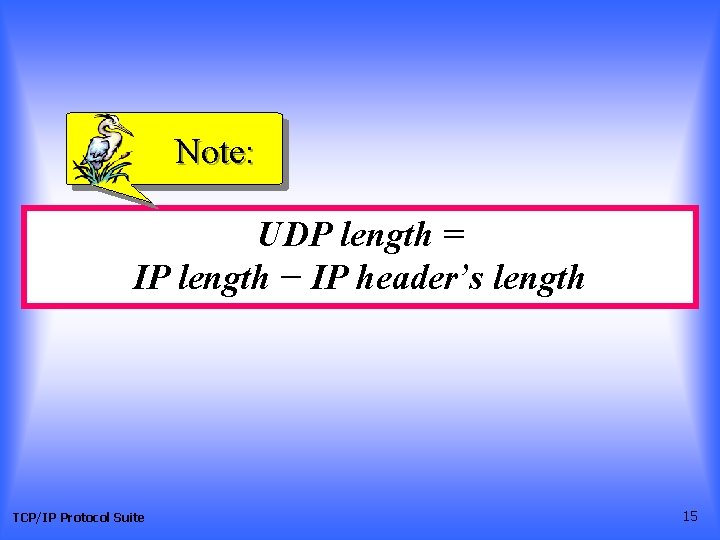 Note: UDP length = IP length − IP header’s length TCP/IP Protocol Suite 15