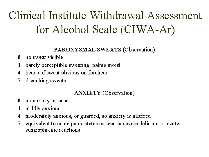 Clinical Institute Withdrawal Assessment for Alcohol Scale (CIWA-Ar) 0 1 4 7 PAROXYSMAL SWEATS