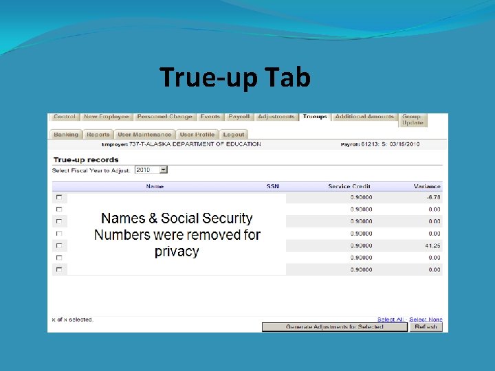 True-up Tab Names & Social Security Numbers were removed for privacy. 