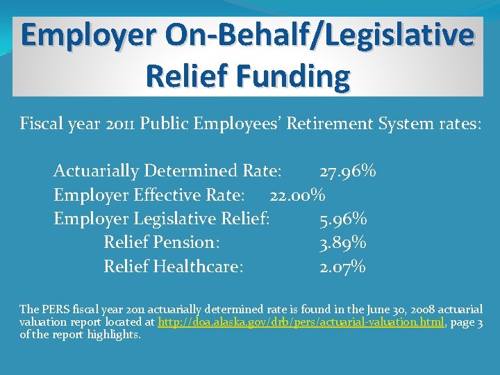 Employer On-Behalf/Legislative Relief Funding Fiscal year 2011 Public Employees’ Retirement System rates: Actuarially Determined