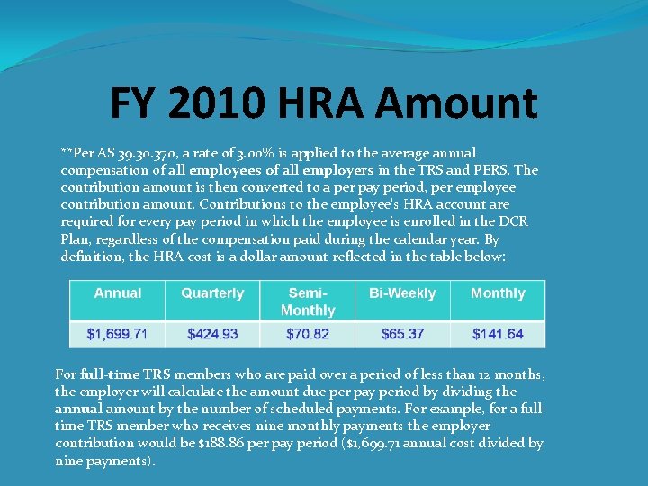 FY 2010 HRA Amount **Per AS 39. 30. 370, a rate of 3. 00%