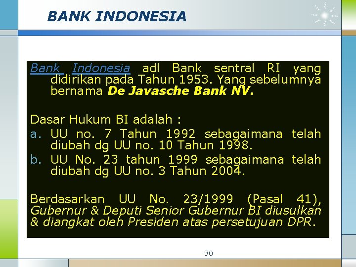 BANK INDONESIA Bank Indonesia adl Bank sentral RI yang didirikan pada Tahun 1953. Yang